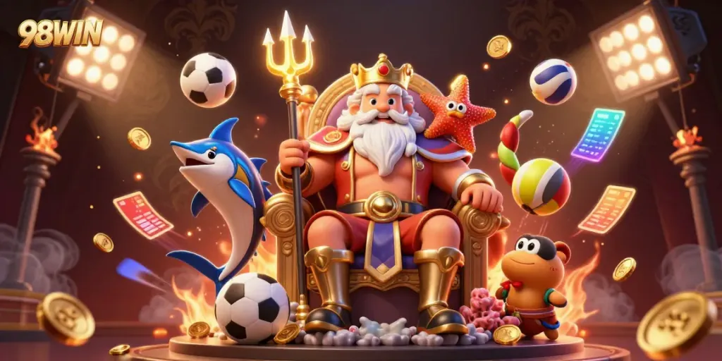This dynamic illustration showcases 98WIN with Neptune and gaming elements, highlighting sports themes and vibrant casino action.