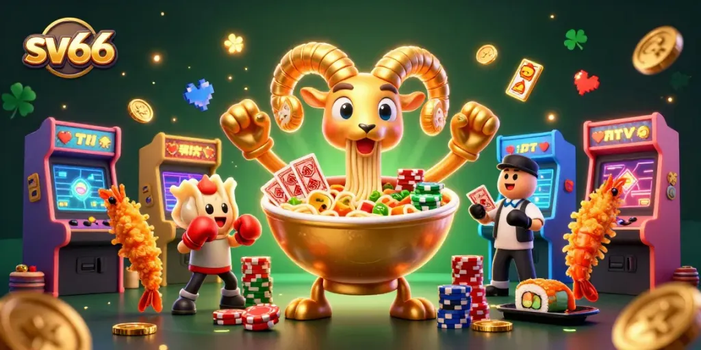 Engage in top-tier gambling with sv66 in this vibrant casino-themed illustration featuring dynamic characters.
