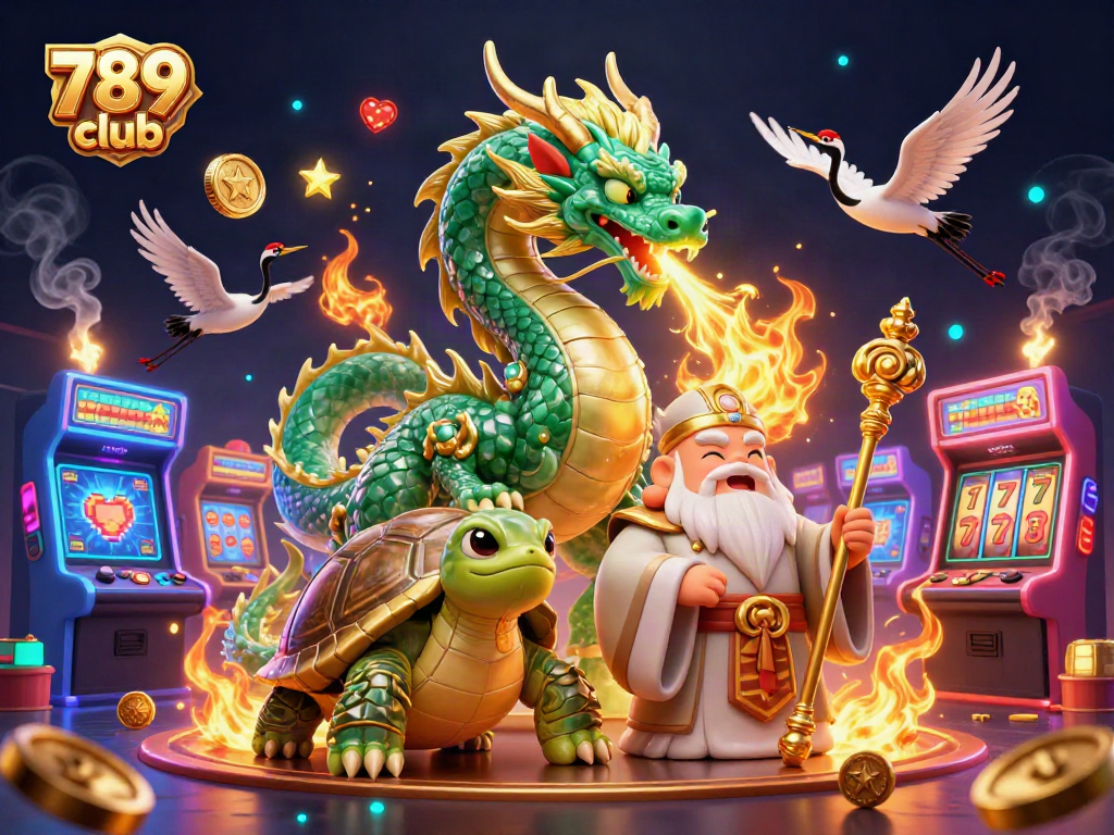 Engage with 789 club's vibrant 3D casino illustration featuring a jade dragon, turtle sage, and lucky cranes.