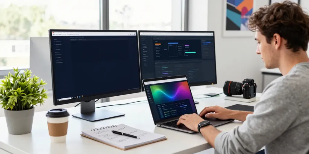 Developer using instant indexing tools on dual monitors in a modern workspace.