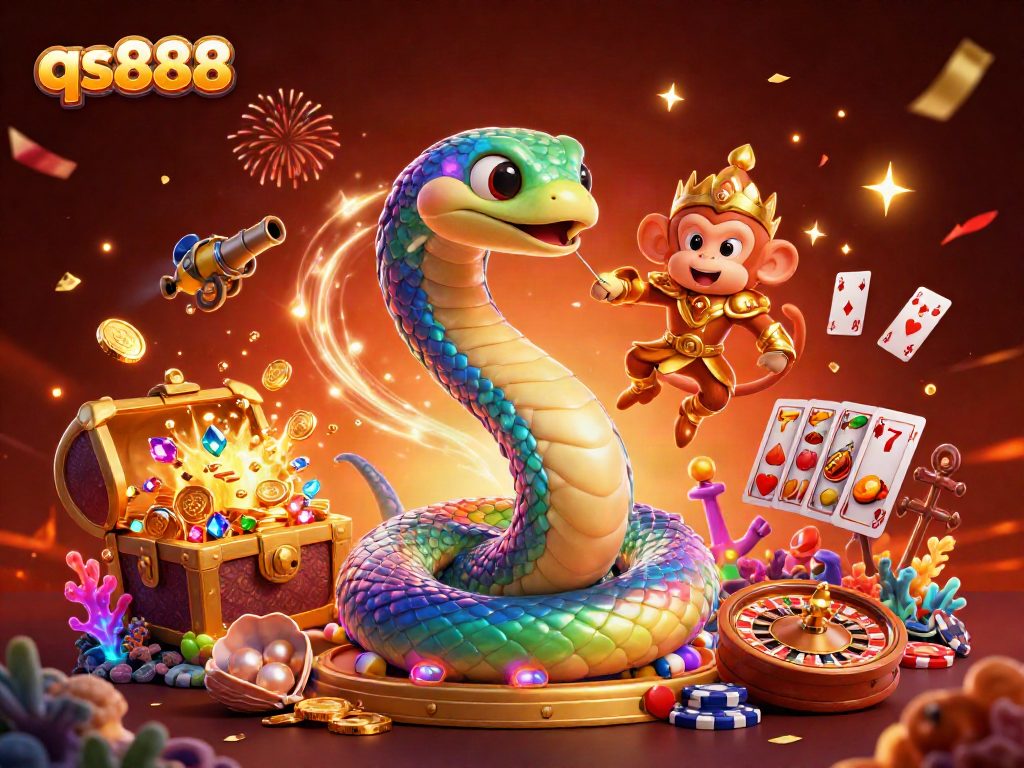 Engage in the vibrant world of qs888 with golden treasures and card games in a lively casino scene.