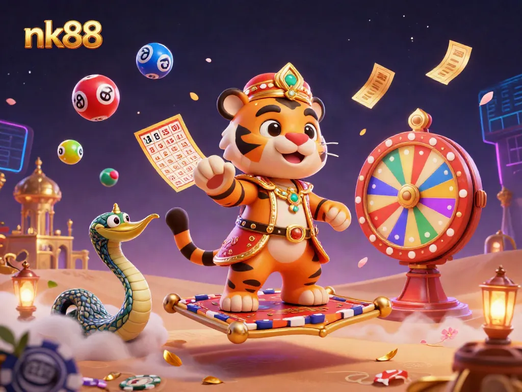 Engage in thrilling gaming at nk88 with our vibrant 3D casino scene featuring a tiger sultan and dynamic lottery elements.