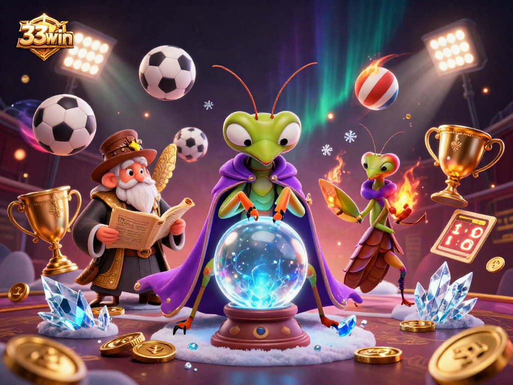 33win sports betting scene with fortune teller and dynamic sports elements