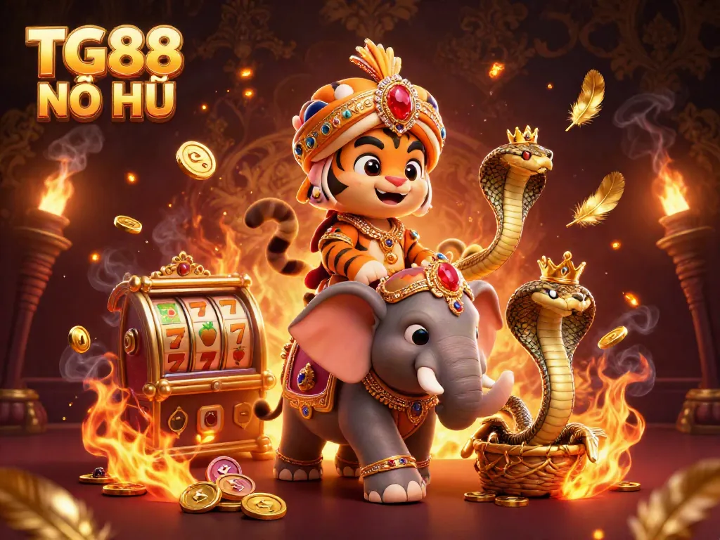 Experience big wins with TG88 NỔ HŨ showcasing vibrant slot machines, gold coins, and dynamic characters.