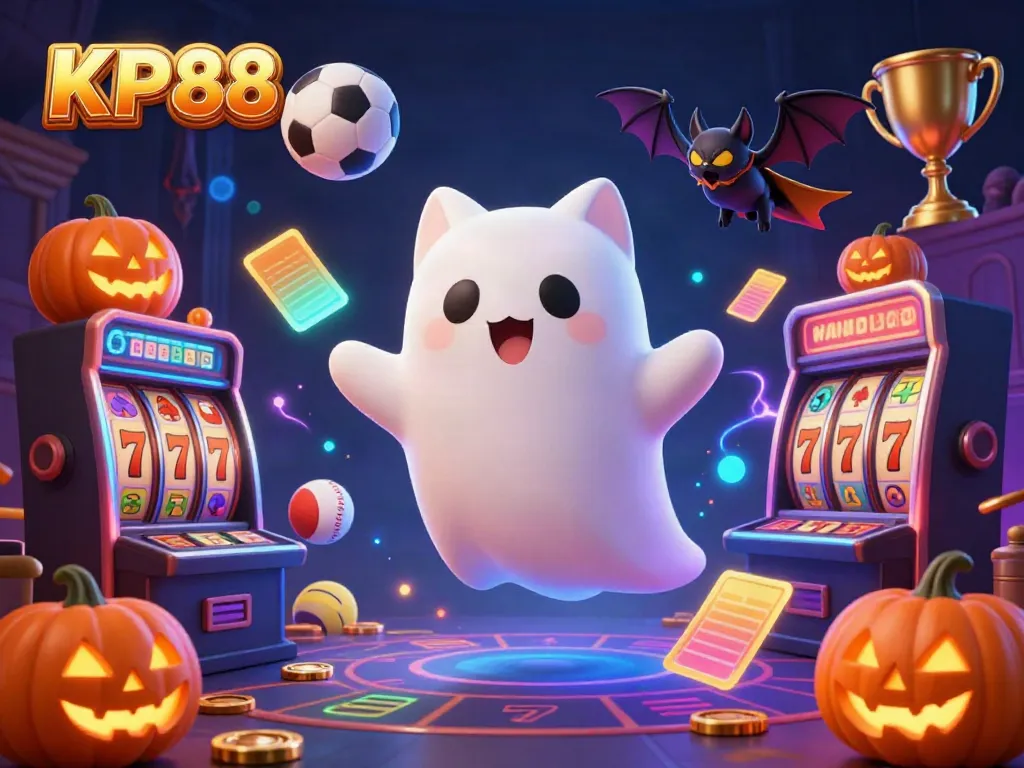 Engage with KP88's haunted casino adventure featuring a playful ghost cat and vampire bat amidst thrilling gaming elements.
