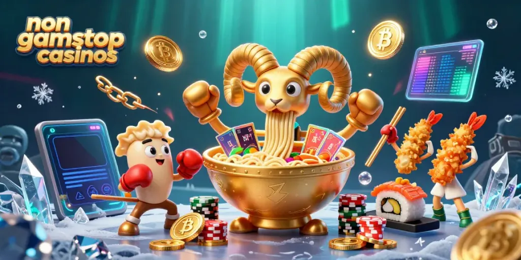 Experience vibrant gameplay at non gamstop casinos with a golden ramen bowl dealer in a lively casino scene.