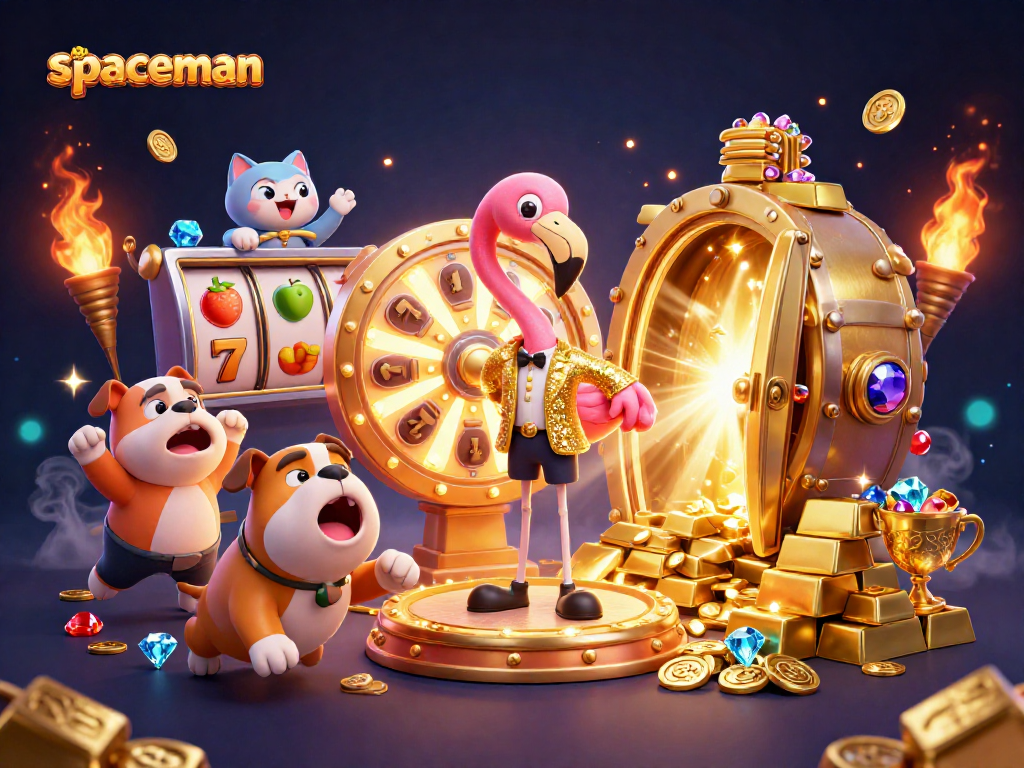 Spin to win with the spaceman breaking into jackpots amid sparkling treasures in this engaging casino scene