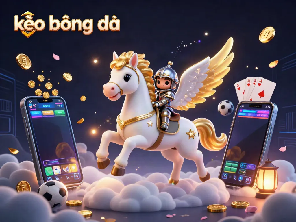 Experience kèo bóng đá with a celestial horse and knight in a vibrant 3D sports betting scene.