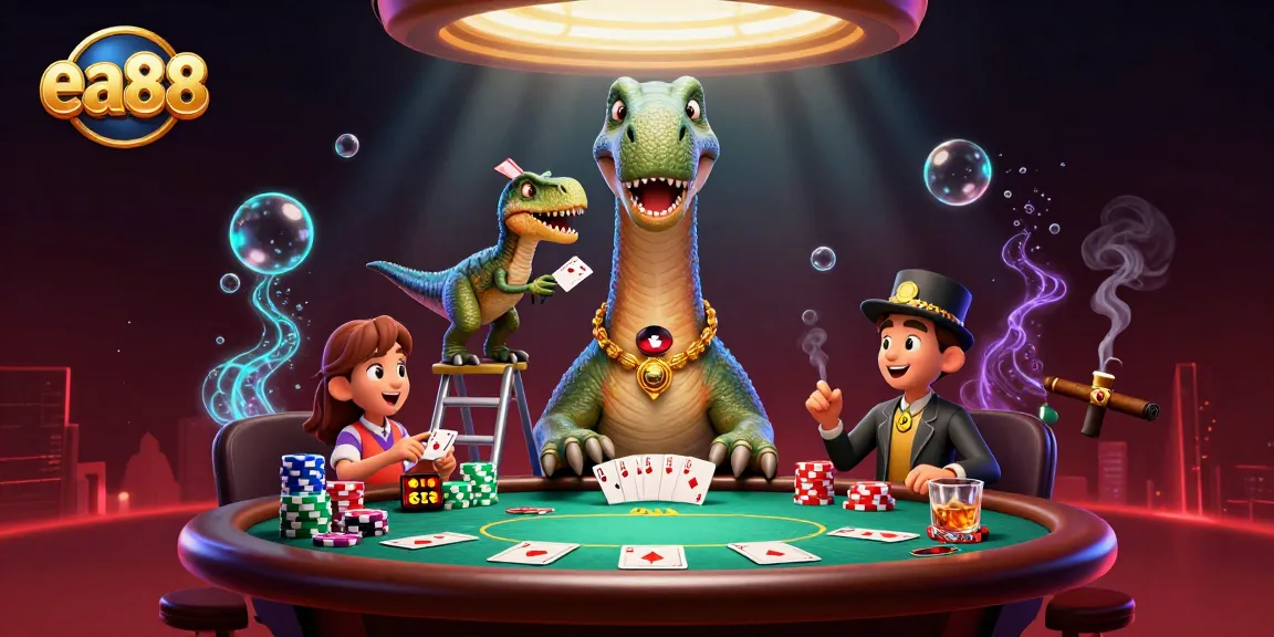 ea88 brontosaurus and raptor deal cards at a lively poker table in a dynamic casino scene