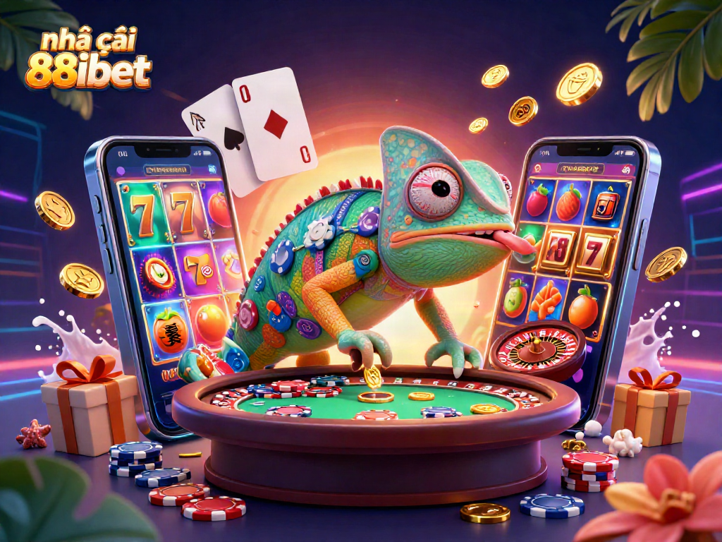 Play at nhà cái 88ibet with a vibrant casino scene featuring slots, roulette, and poker elements.