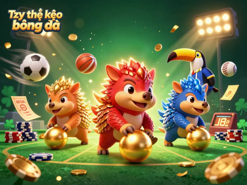 Tỷ lệ kèo bóng đá showcased through 3D pangolins bowling over poker chips surrounded by sports balls.
