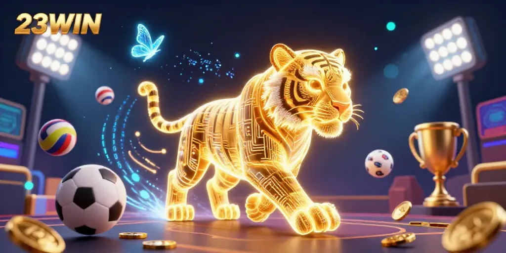 Experience the excitement with 23WIN as a golden tiger lights up a dynamic casino scene.