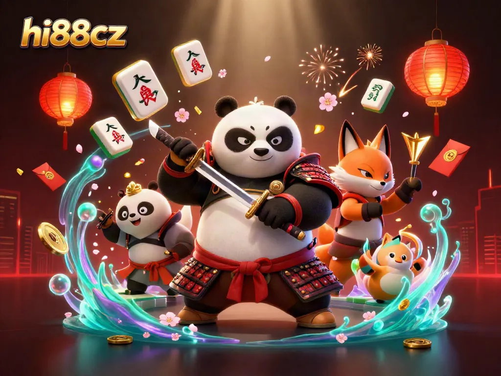 Experience the gaming excitement with hi88cz featuring a samurai panda, ninja fox, and spirit tanuki surrounded by dynamic gambling elements.
