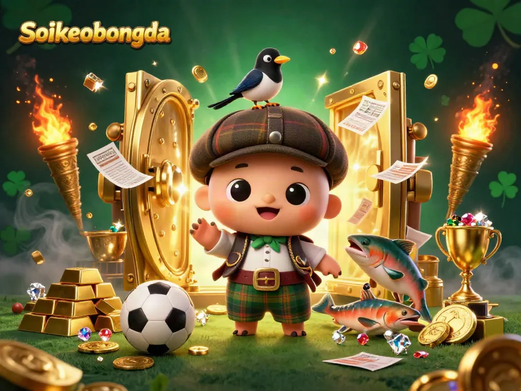 Soikeobongda showcases sports betting excitement in a treasure-filled scene with playful characters.