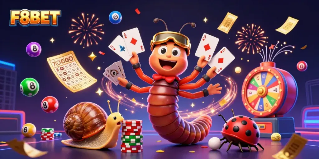 Experience the thrill of winning at F8BET with vibrant, dynamic casino elements in a lively 3D scene.