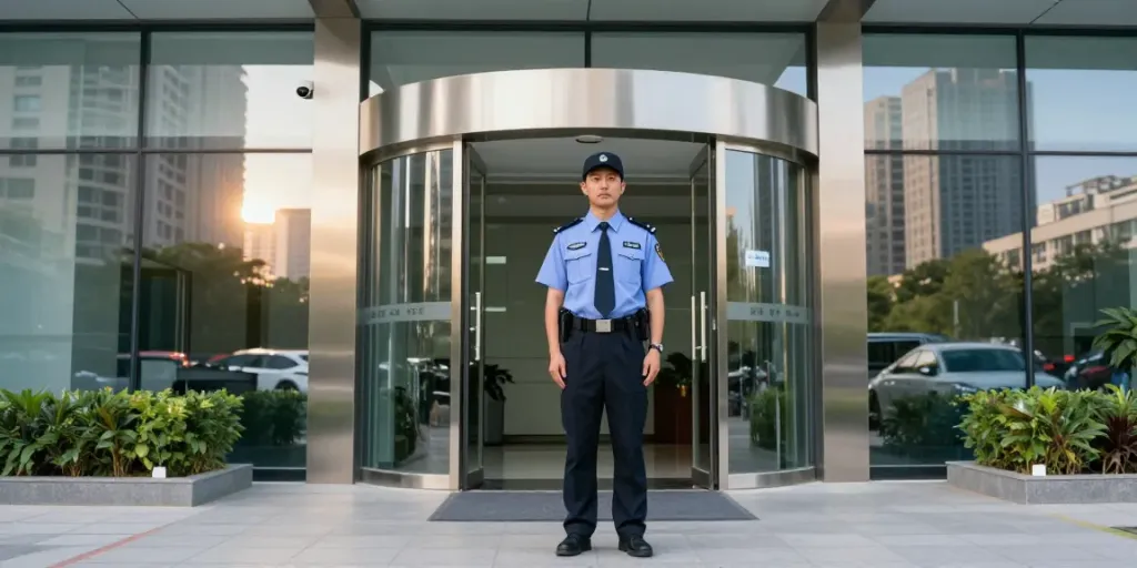 Security professional at a business entrance, ensuring safety for local services.