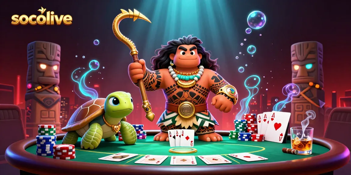 Socolive showcases online poker action with vibrant characters, glowing elements, and dynamic game setups.