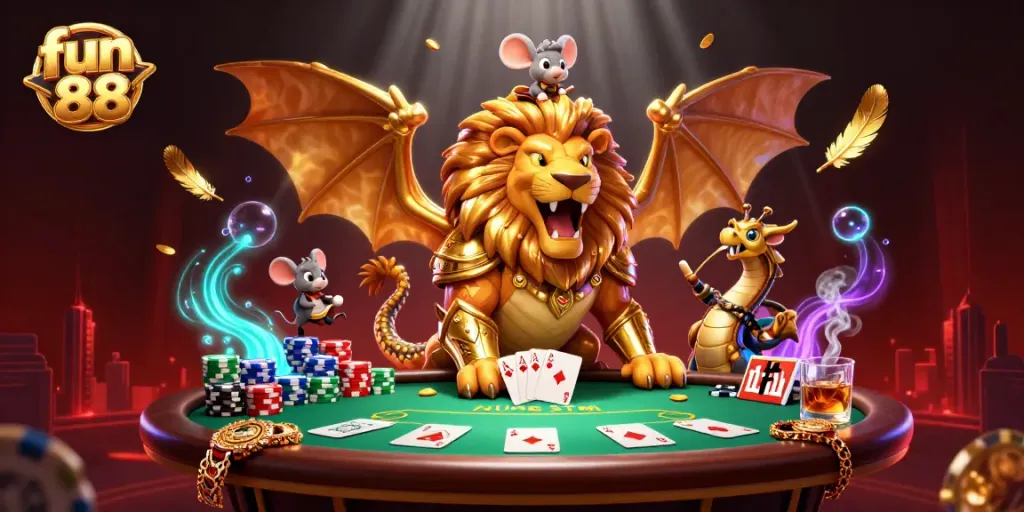 Experience the thrill of fun 88 with a vibrant 3D scene showcasing golden armor and poker elements.