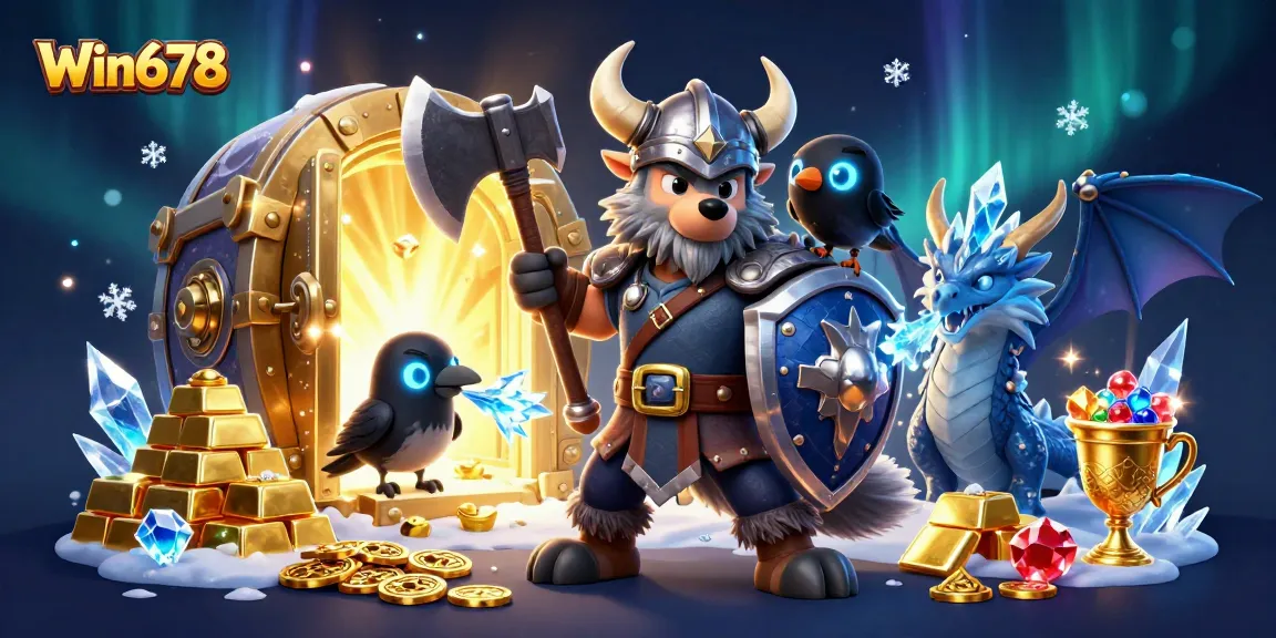 Win678 captures excitement with a Viking wolf warrior, fiercely strategizing in a vibrant 3D explosion of treasure.