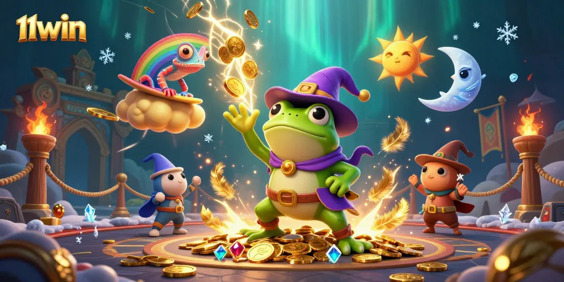 11WIN showcases a magical 3D casino scene of a weather wizard frog amidst golden coins and vibrant characters.