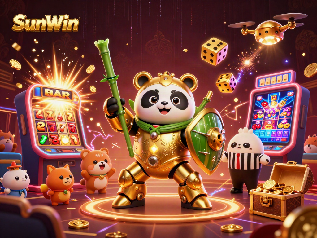 Join the excitement at SunWin with a golden panda piloting a robot in this vibrant casino scene!