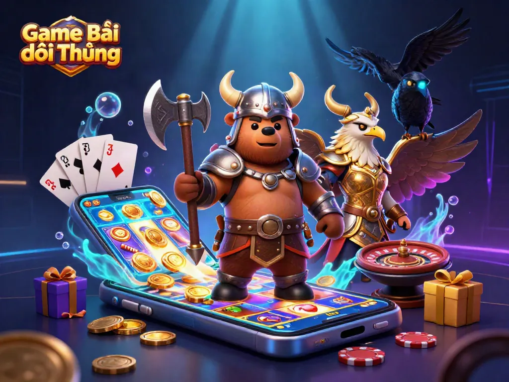Engage in Game Bài Đổi Thưởng adventures featuring a Viking bear and Valkyrie eagle in a vibrant casino world