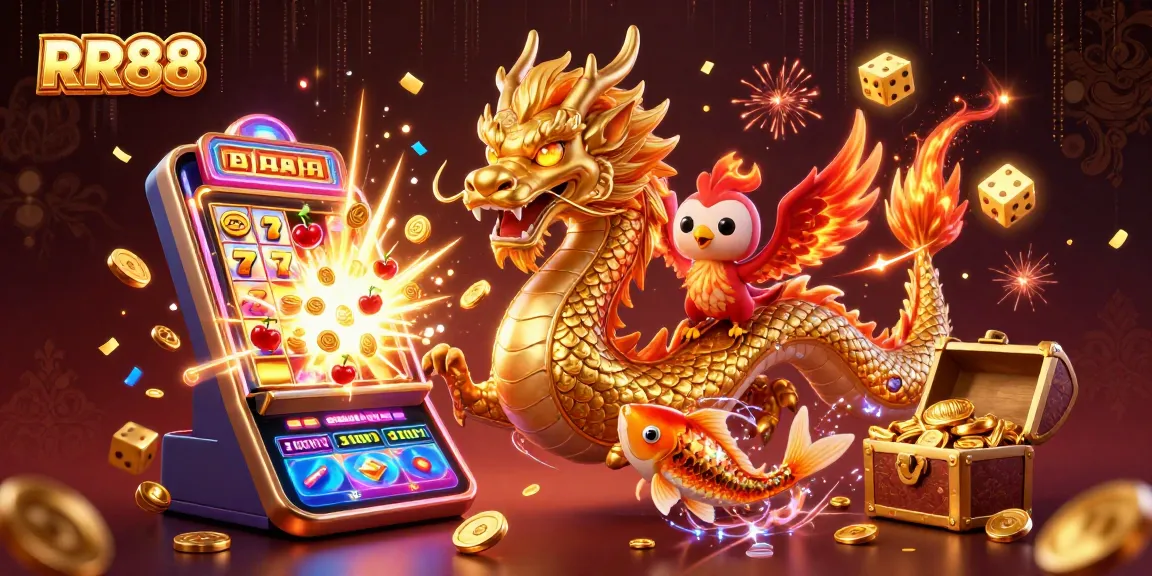Experience RR88 with a 3D scene featuring a golden dragon, red phoenix, and koi fish amidst casino action.