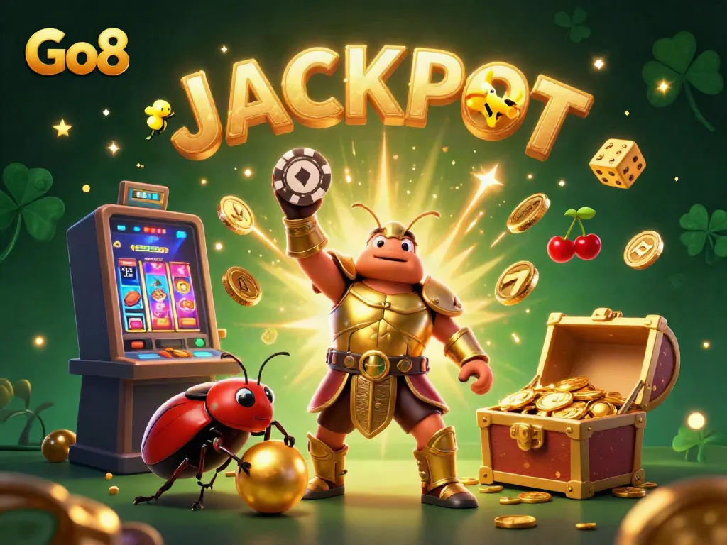 Experience the thrill of winning at Go8 with a victorious beetle celebrating a casino jackpot.