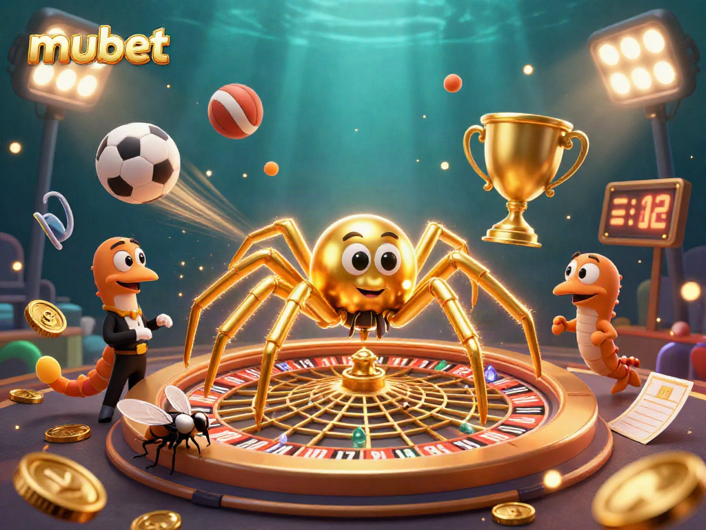 Engage with mubet on a vibrant 3D illustration featuring a roulette wheel spider, dynamic sports elements, and exciting betting action.