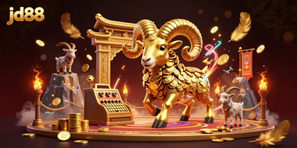 Experience the excitement of gaming at JD88 with a golden ram charging through a casino atmosphere.