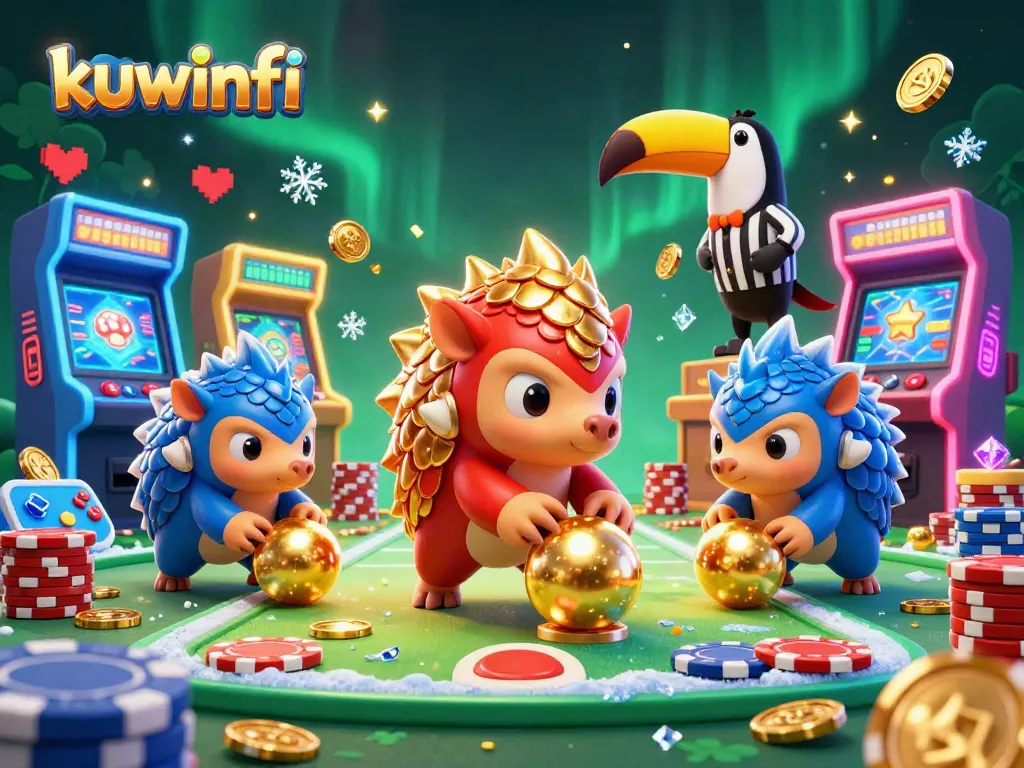 Kuwinfi's thrilling gaming experience features pangolins battling in a dazzling casino setup.