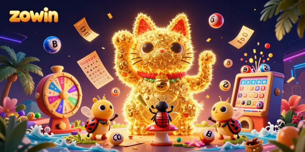 Zowin showcases a vibrant scene of a lucky cat formed by golden fireflies among dynamic casino symbols.