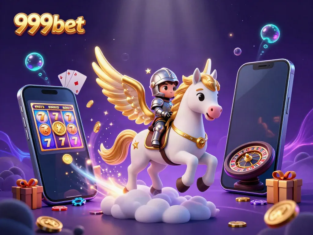 Engaging scene featuring 999bet with a celestial horse and armored knight amid vibrant casino elements