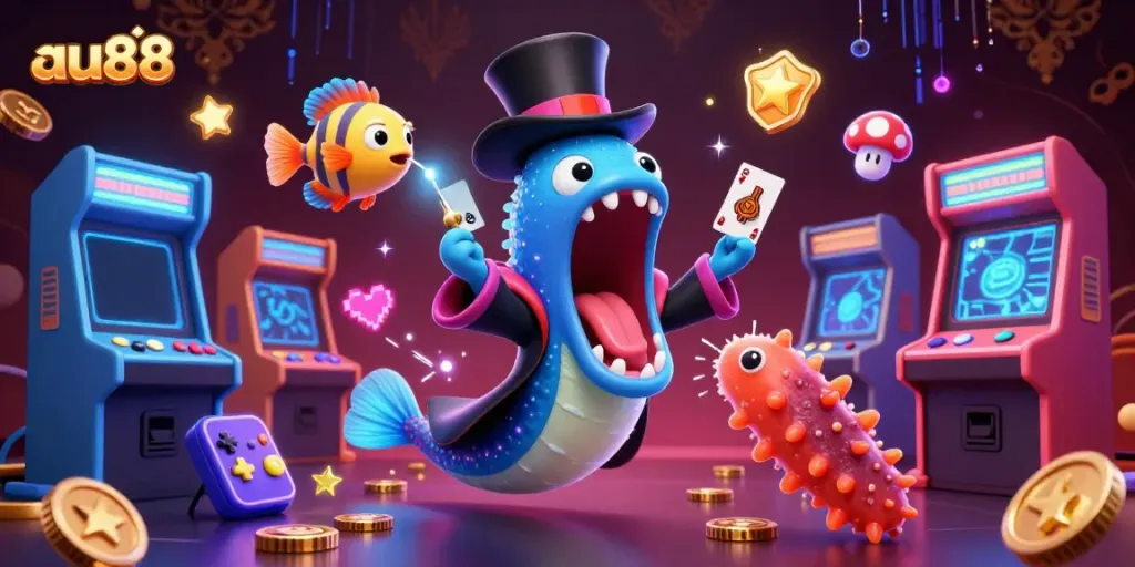 Experience the magic of au88 with a deep-sea eel performing card tricks amidst vibrant casino games.