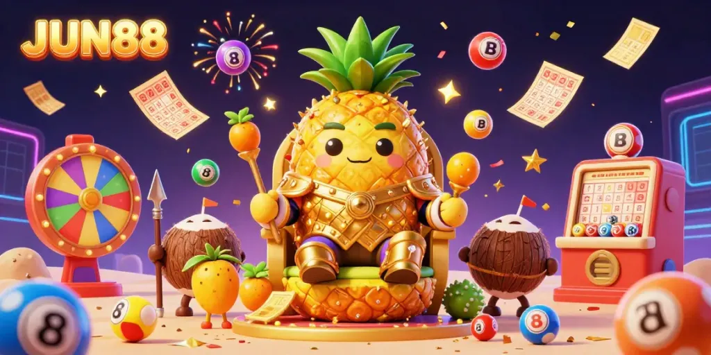 Explore the vibrant JUN88 gaming experience with a 3D cartoon illustration showcasing casino elements and festive energy.