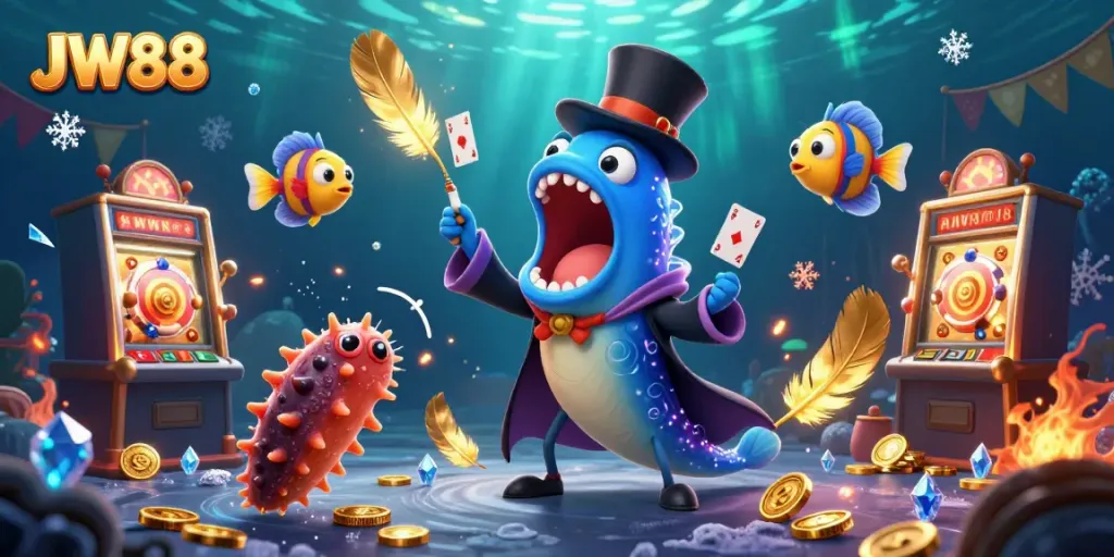 JW88 showcases a vibrant casino illustration featuring a bioluminescent eel performing gambling tricks amidst slot reels and golden tokens.