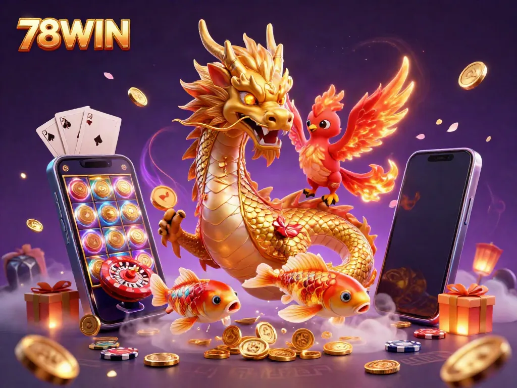 Spin to win with 78WIN; a dragon, phoenix, and koi fish bring luck in this vibrant casino scene.