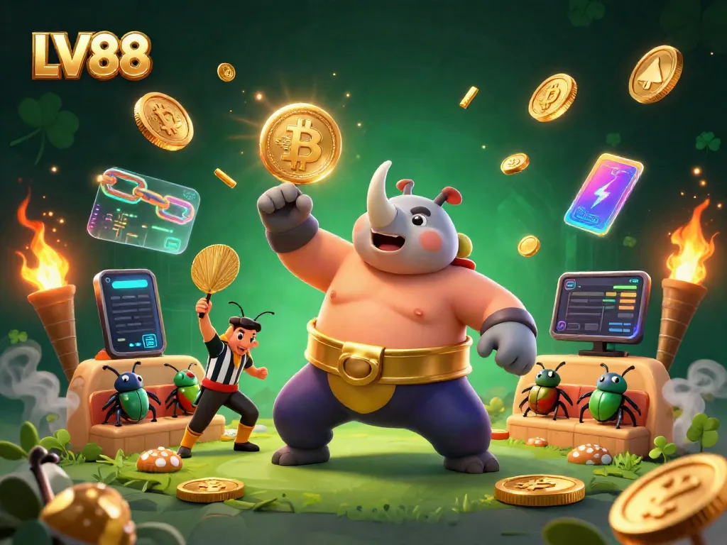 LV88 showcases a dynamic 3D casino scene featuring a rhinoceros beetle sumo champion and Bitcoin elements.