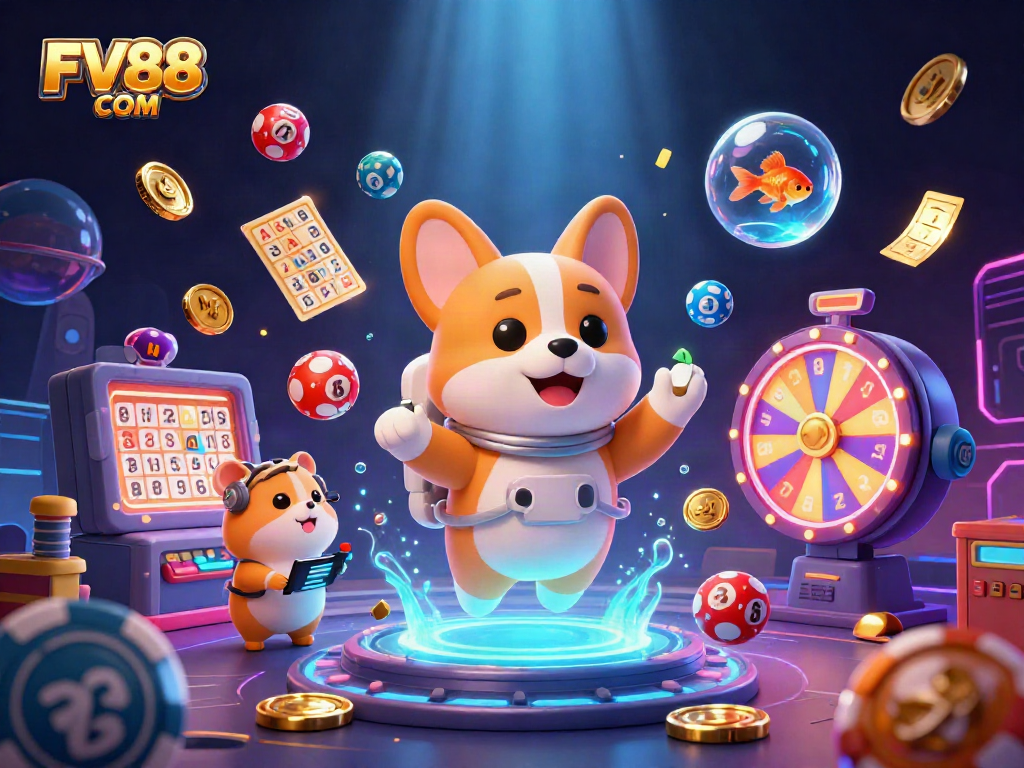 Experience thrilling game action at FV88 COM with a vibrant casino scene featuring playful characters.