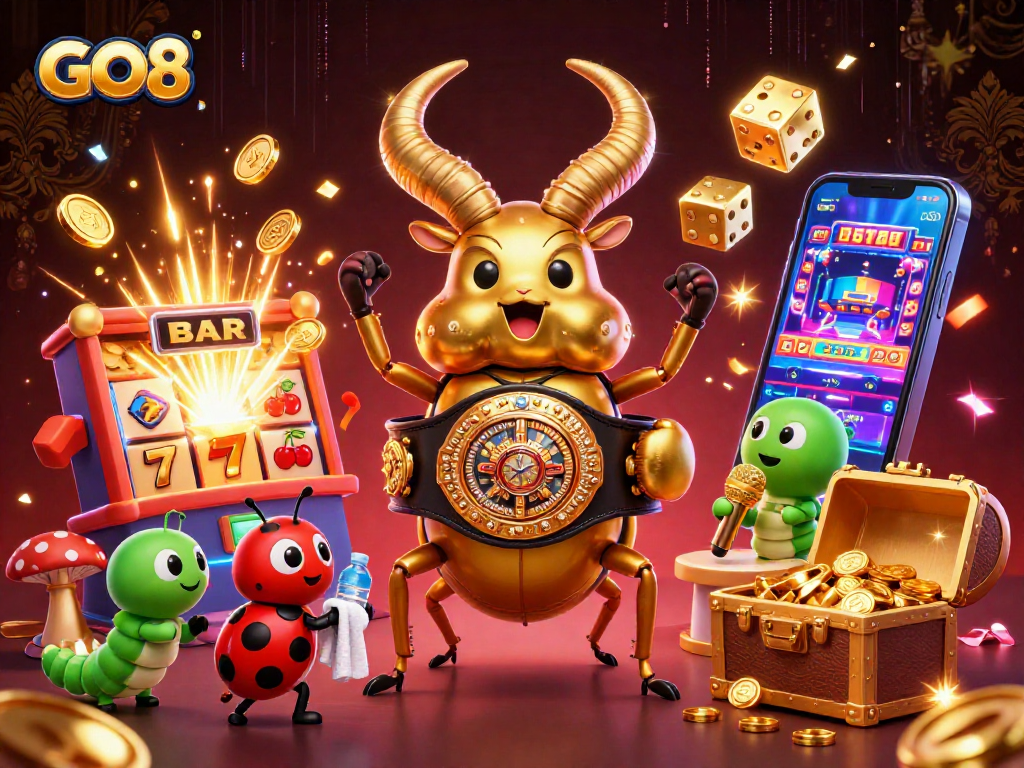 GO8 presents an epic showdown featuring a golden beetle in a boxing belt amidst a vibrant casino scene