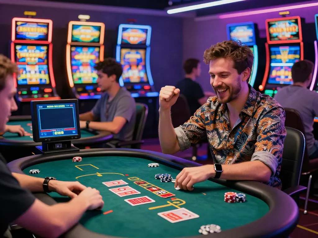 Players enjoying thrills at a non gamstop casino uk, vibrant gaming atmosphere with colorful machines.