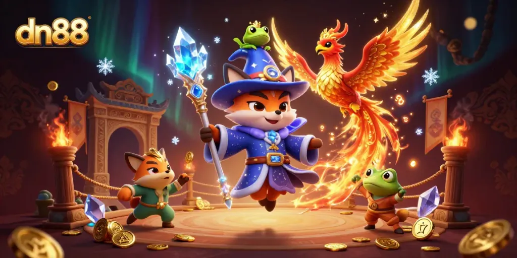 Experience thrilling games at dn88 with a dazzling illustration featuring a wizard fox and phoenix.