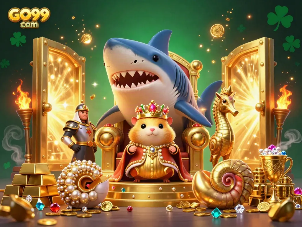 Join the golden hamster king in a vibrant gaming realm at GO99 com, brimming with treasure!
