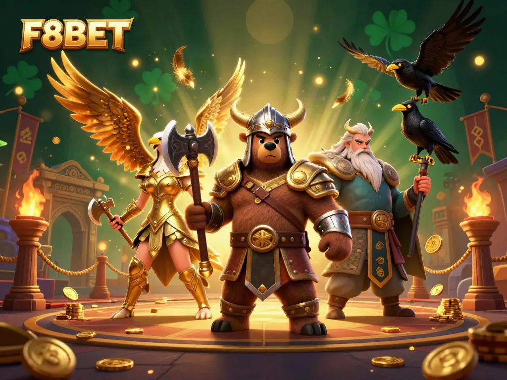 Experience thrilling gaming at F8BET with a fierce Viking bear, Valkyrie eagle, and Odin's ravens in an exciting casino atmosphere