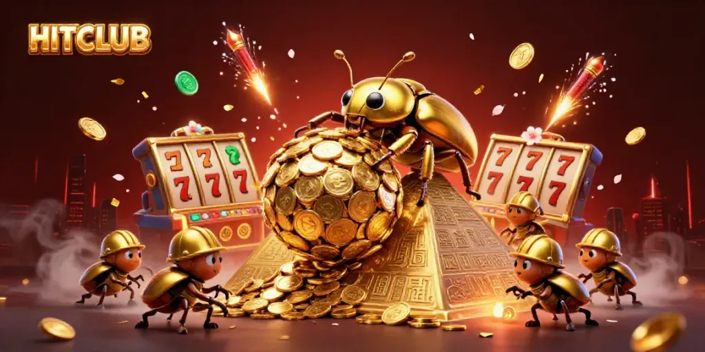 HITCLUB showcases a vibrant 3D casino scene with symbol-rich elements, ripe for winning strategies.