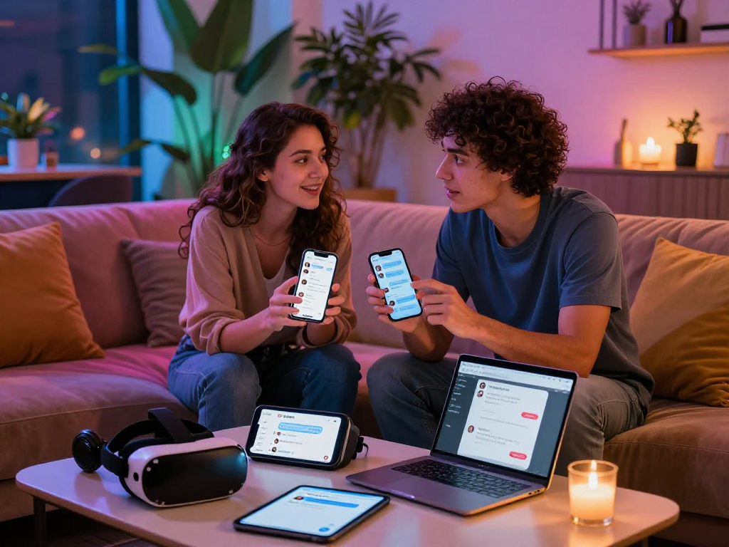 Couple using devices for nsfw ai chat in a cozy lounge setting