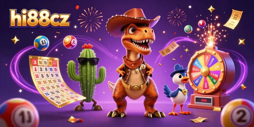 Win big with hi88cz at this vibrant casino-themed illustration featuring lottery elements!
