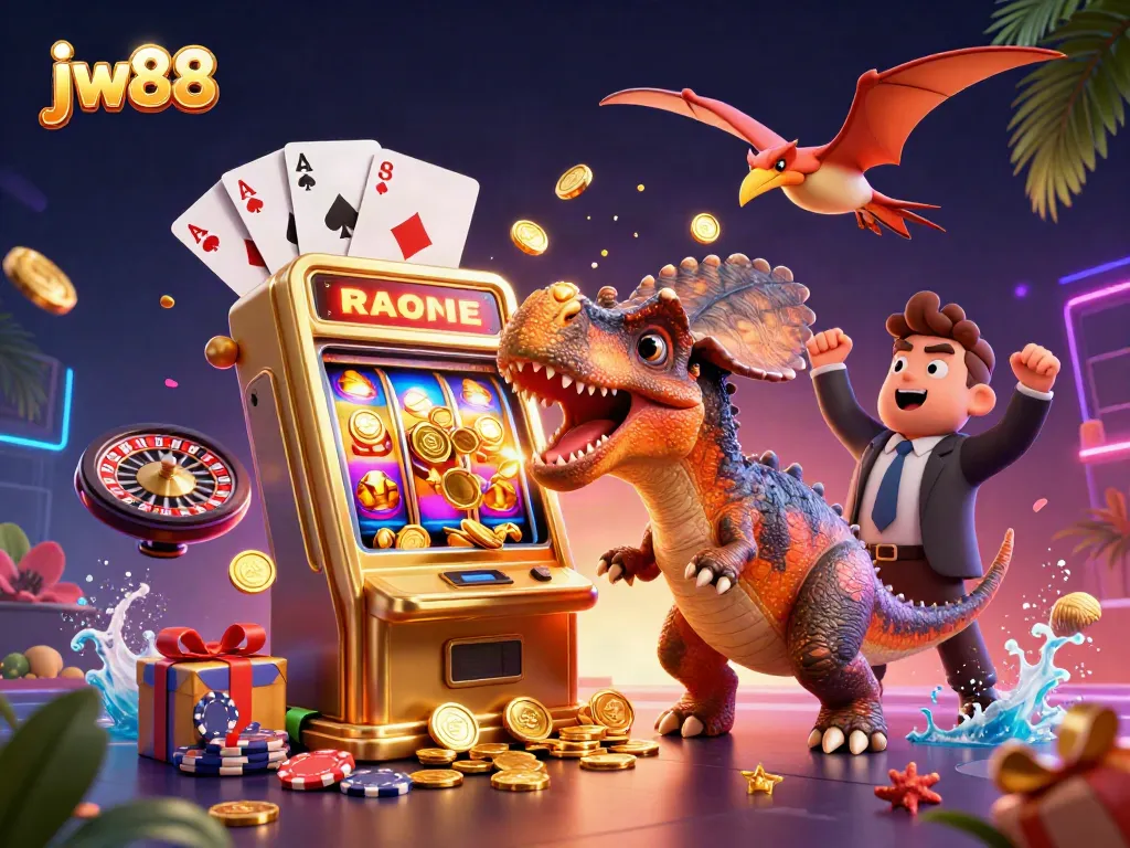 jw88 jackpot scene with cartoon dinosaurs celebrating wins in vibrant casino atmosphere