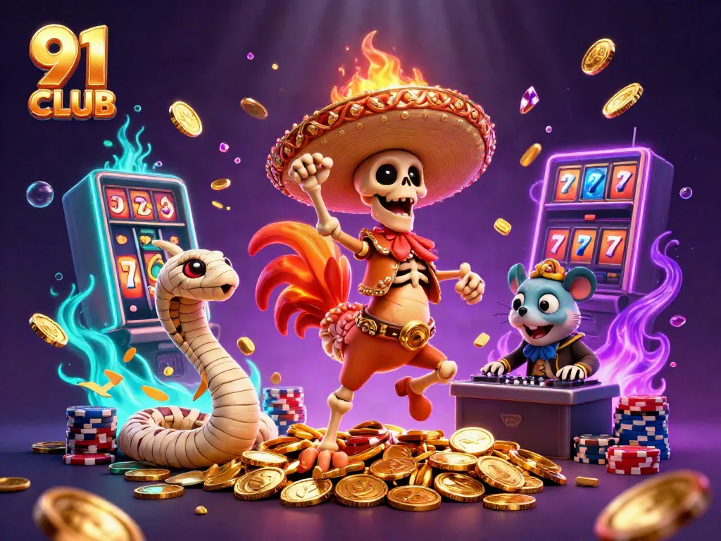 91 CLUB showcases a vibrant victory dance with dynamic casino elements.