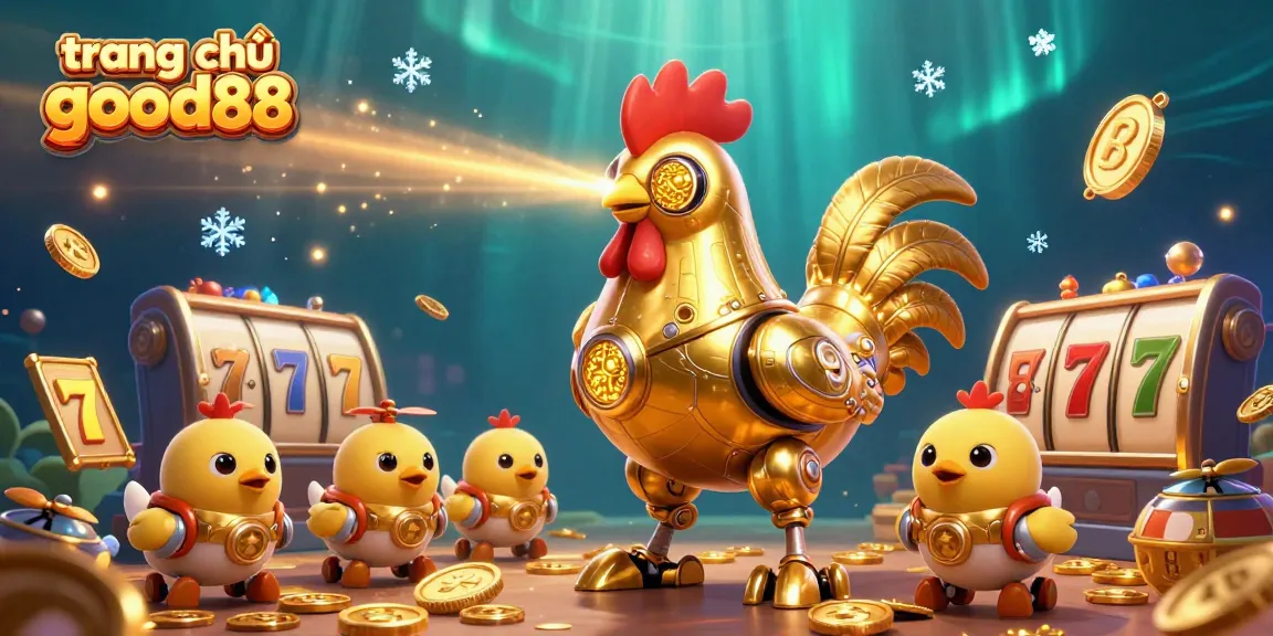Engage with the exciting gameplay at trang chủ good88 featuring a golden rooster robot amidst rich slot game elements.